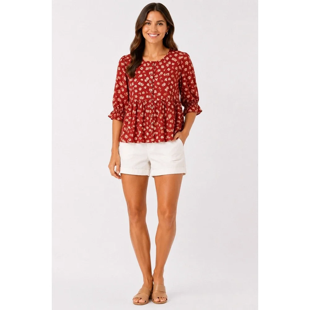 Madewell Red Floral Clip Dot Peplum Blouse Short Puff Sleeve Button Front Top M